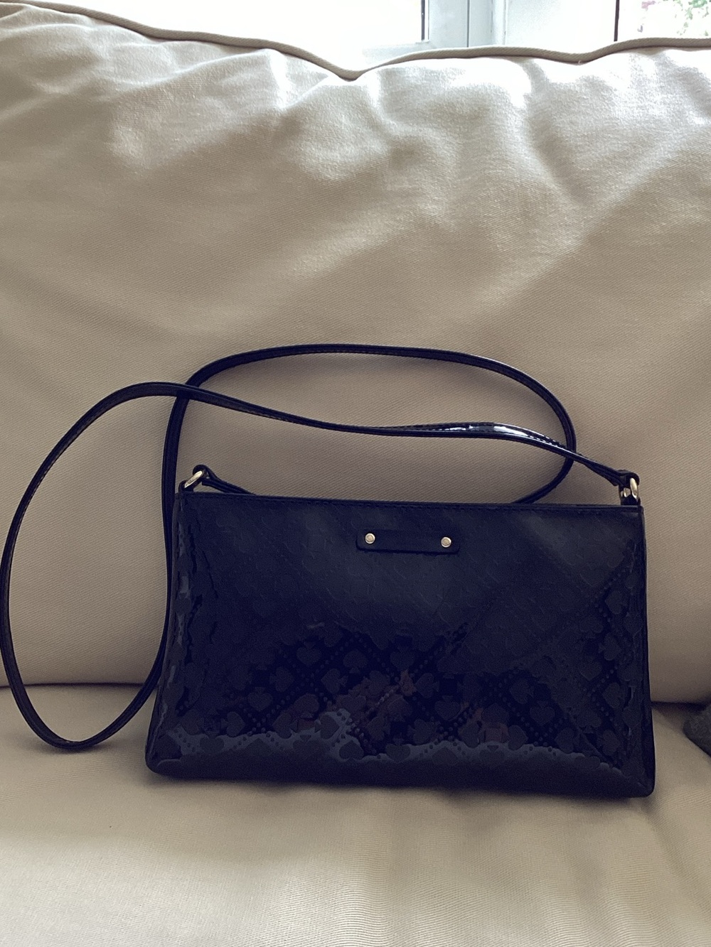kate spade Black Patent Crossbody with Embossed Logo Pattern